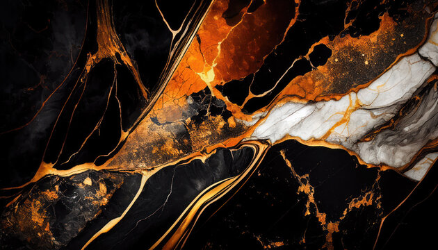 Abstract black and orange marble liquid texture with gold splashes, luxury background	