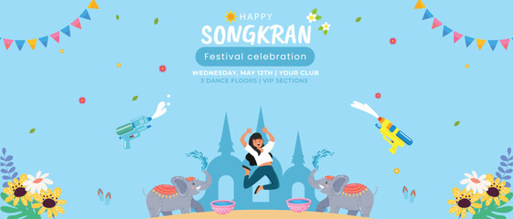 Thailand Songkran water Festival horizontal banner template illustartion.