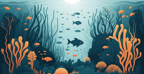 Underwater - Minimalistic flat design landscape illustration. Image for a wallpaper, background, postcard or poster. Generative AI - obrazy, fototapety, plakaty