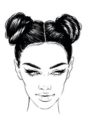 Illustration attractive woman with double buns