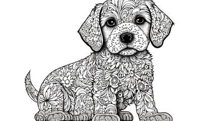 a cute coloring book for children that is still black and white, but waiting for colors and then it will become a wonderful colorful dog