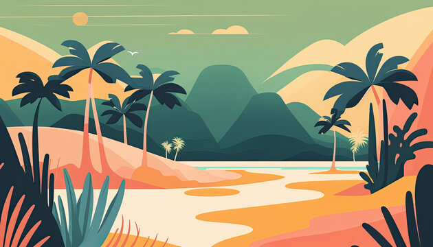 Tropical Beach - Minimalistic flat design landscape illustration. Image for a wallpaper, background, postcard or poster. Generative AI