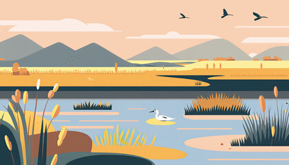 Marshland - Minimalistic flat design landscape illustration. Image for a wallpaper, background, postcard or poster. Generative AI