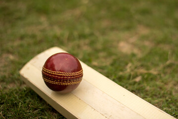 Cricket bat and ball on playing grass field pitch