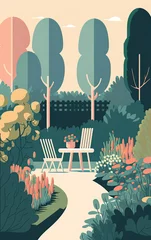 Fototapeten Garden - Minimalistic flat design landscape illustration. Image for a wallpaper, background, postcard or poster. Generative AI © Zerbor