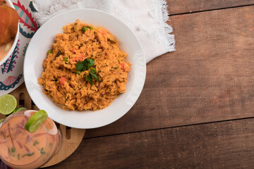 Arroz con mariscos Sea food risotto ceviche Assorted food plates Peru traditional comfort food buffet table