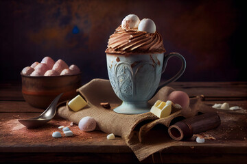 Fototapeta na wymiar A rich and creamy hot chocolate topped with mini marshmallow. Generative AI.