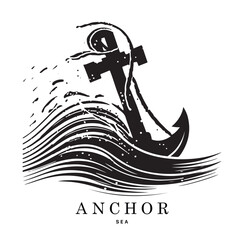 Marine emblems logo with anchor and rope, anchor logo - vector