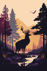  Wildlife - Minimalistic flat design landscape illustration. Image for a wallpaper,  background,  postcard or poster. Generative AI