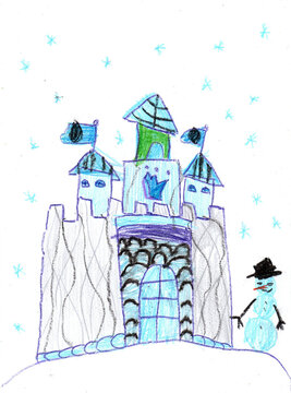 Children drawing of a fairytale fortress. Pencil art in childish style