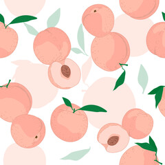 Seamless peach fruit pattern. Vector illustration of fruits. Summer tropical endless background. Vector design of fruits for labels, fabrics, packaging.