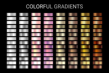 Shiny gold, bronze, beige, rose gold gradient vector colorful swatches texture set. Chrome metal colors palette background template for banner. palette collection Metallic color gradient vector design