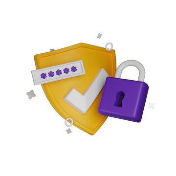3D shield secure icon, authentication lock password render concept, secret personal data protection. Antivirus badge, internet fraud security safe clipart, PIN entry field. 3D shield padlock design