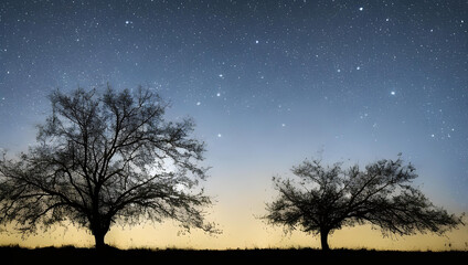 幻想的な星空と木のシルエット