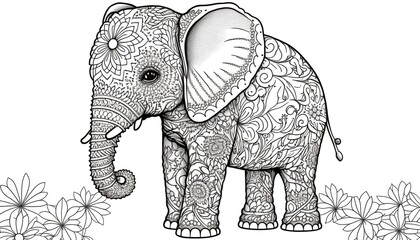 a cute coloring book for children that is still black and white, but waiting for colors and then it will become a wonderful colorful elephant