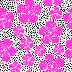 Seamless floral pattern. Print in polka dot style. Pink flowers on a white background with black dots. Summer bright print for textiles. Vector illustration.