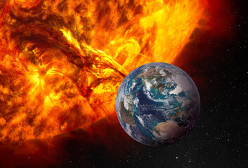 Naklejka na ściany i meble Planet Earth and huge Sun. Elements of this image furnished by NASA.