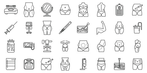 Liposuction icons set outline vector. Waist women. Belly body