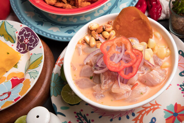 Ceviche cebiche de pescado Sea food ceviche Assorted food plates Peru traditional comfort food buffet table