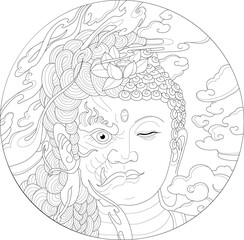 Buddhism religion Buddha god and dragon sketch template. Graphic vector illustration in black and white for games, background, pattern, decor. Children`s story book, fairytail, coloring paper, page.