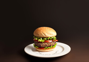 Tasty Beautiful Burger, close-up with big copy space. Studio Shot of Hamburger Sandwiches on a white plate. Generative AI.