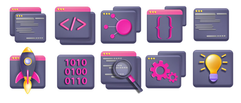 3D code icon set, python abstract api, vector technology computer design, business programming frame. Java web development html concept, UI program interface window. 3D code graphic website clipart