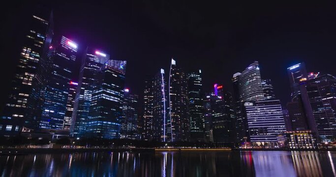 time lapse view of the highrise skyscraper office financial building tower in the central business district area city of Singapore in night time,modern metropolis