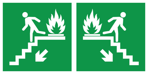 Emergency fire exit downwards stairs, fire escape route signs, vector illustration