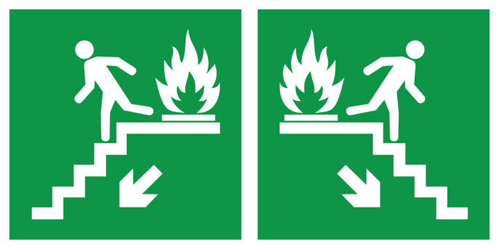 Emergency fire exit downwards stairs, fire escape route signs, vector illustration