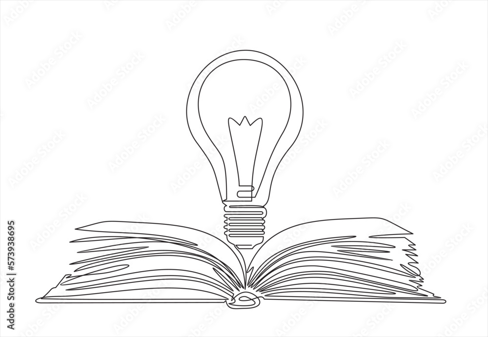 Poster one single line drawing of shining light bulb above open text book logo identity. continuous line dr