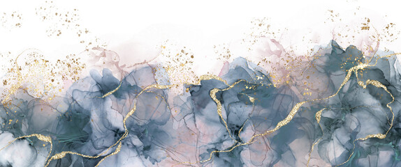 abstract background drawn with alcohol ink technique, liquid painting supplemented with gold ornaments, watercolor painting, transparent background, png  - obrazy, fototapety, plakaty