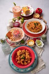 Sea food ceviche Assorted food plates Peru traditional comfort food buffet table