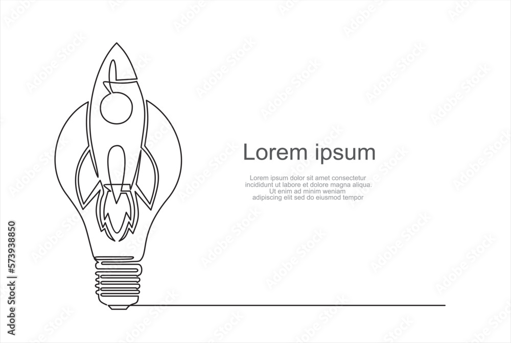Poster continuous one single line drawing of rocket launching to space with light bulb, launching a creativ