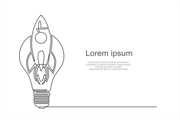 Continuous one single line drawing of Rocket launching to space with light bulb, launching a creative idea, a scientific invention or a research light bulb, starting a new business.
