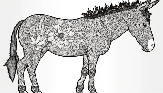 a cute coloring book for children, which is still black and white, but waiting for colors and then it will become a wonderful colorful donkey