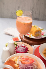 Leche de tigre Sea food ceviche Assorted food plates Peru traditional comfort food buffet table