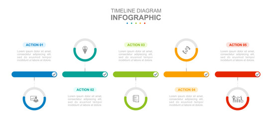 Infographic business template. 5 Steps Modern Timeline diagram roadmap with percent pie chart. Concept presentation.