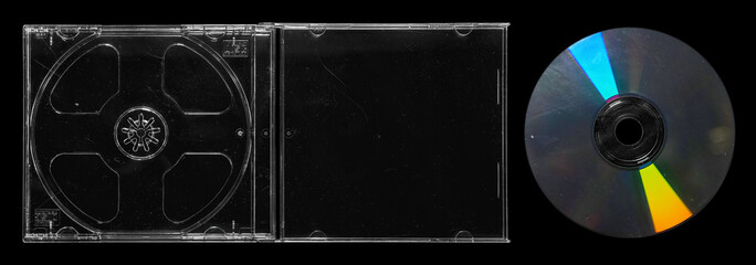 Clear jewel case and cd on isolated black background - obrazy, fototapety, plakaty