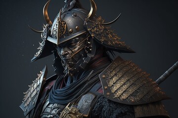 Gloomy samurai warrior with armor, black background. Generative AI - obrazy, fototapety, plakaty