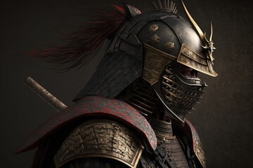 Gloomy samurai warrior with armor, black background. Generative AI