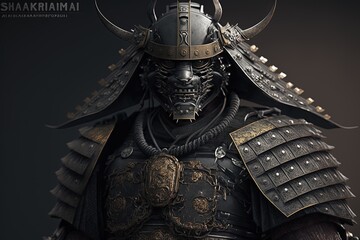 Gloomy samurai warrior with armor, black background. Generative AI