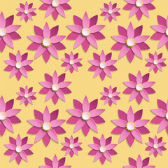 Floral seamless pattern in paper cut style. Pink origami flowers on yellow background. Vector illustration.