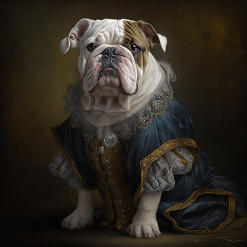 A cute puppy dog wearing a regal dress. Bulldog portrait in clothing