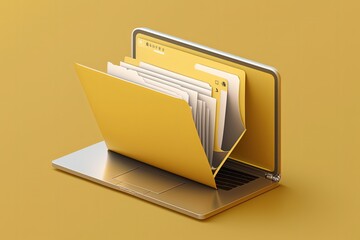 File folder on laptop screen, yellow background. Generative AI