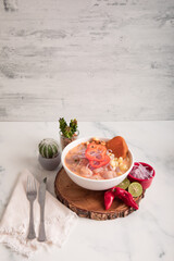 Ceviche cebiche de pescado Sea food ceviche Assorted food plates Peru traditional comfort food buffet table