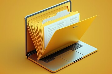 File folder on laptop screen, yellow background. Generative AI - obrazy, fototapety, plakaty