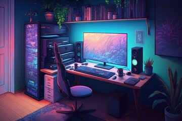 Naklejka premium Gamer room with setup, gamer pc, gradient background. Generative AI