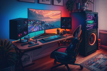 Gamer room with setup, gamer pc, gradient background. Generative AI