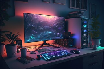 Gamer room with setup, gamer pc, gradient background. Generative AI