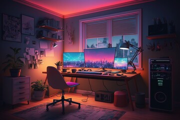 Gamer room with setup, gamer pc, gradient background. Generative AI - obrazy, fototapety, plakaty